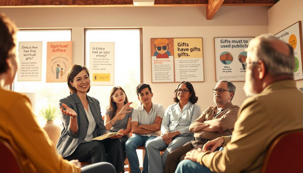 A serene scene depicting a group of diverse individuals sitting in a circle in a sunlit room, engaged in a thoughtful discussion about spiritual gifts. Foreground: a middle-aged woman in professional attire gently illustrating a point with open hands, her expression warm and inviting. Middle: a young man in modest casual clothing nods in agreement, while an older gentleman listens intently, showing curiosity. Background: soft, diffused light filtering through large windows, illuminating colorful illustrations of misconceptions about spiritual gifts hanging on the walls, such as "Only a few have gifts" and "Gifts must be used publicly." The atmosphere is positive and uplifting, fostering an environment of learning and understanding. The lens focuses on the circle of people, capturing their engaged expressions, with a shallow depth of field creating a soft bokeh effect on the illustrations. A serene scene depicting a group of diverse individuals sitting in a circle in a sunlit room, engaged in a thoughtful discussion about spiritual gifts. Foreground: a middle-aged woman in professional attire gently illustrating a point with open hands, her expression warm and inviting. Middle: a young man in modest casual clothing nods in agreement, while an older gentleman listens intently, showing curiosity. Background: soft, diffused light filtering through large windows, illuminating colorful illustrations of misconceptions about spiritual gifts hanging on the walls, such as "Only a few have gifts" and "Gifts must be used publicly." The atmosphere is positive and uplifting, fostering an environment of learning and understanding. The lens focuses on the circle of people, capturing their engaged expressions, with a shallow depth of field creating a soft bokeh effect on the illustrations.