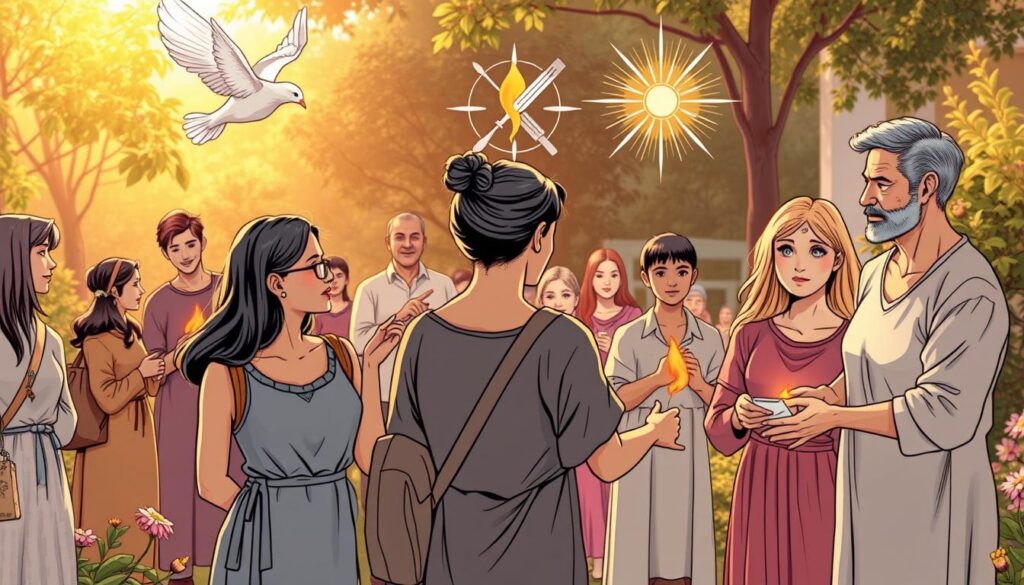 A serene scene depicting the gifts of the Holy Spirit in daily life. In the foreground, a diverse group of people of varying ages and ethnicities, dressed in modest casual clothing, engage in acts of kindness and community service, embodying love and generosity. In the middle ground, symbols such as a dove, glowing flames, and a radiant light represent wisdom, understanding, and counsel, elegantly woven through the interactions of the individuals. The background features a tranquil garden setting, bathed in warm, golden sunlight, creating an atmosphere of peace and harmony. The scene is shot with a soft focus lens, emphasizing the heartfelt expressions and actions, evoking a sense of inspiration and spirituality that reflects the essence of the gifts.
