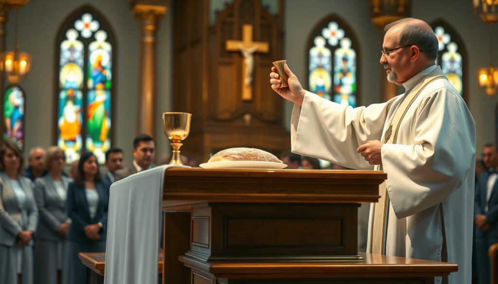 A serene scene depicting the presentation of gifts during a Catholic Mass. In the foreground, a beautifully crafted wooden altar adorned with an elegant white cloth, where a gold chalice and a plate of fresh bread are placed. In the middle ground, a priest in a well-fitted white robe is solemnly elevating the gifts, embodying a sense of reverence. Surrounding him, parishioners, dressed in modest, professional attire, are attentively observing the ritual. The background features softly glowing stained glass windows that cast colorful light into the church, enhancing the sacred atmosphere. The lighting is warm and inviting, emphasizing a holy and respectful mood, with a shallow depth of field that keeps the focus on the altar and the priest, while gently blurring the congregation.
