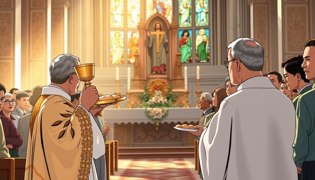 A serene scene depicting the presentation of the gifts during a Catholic Mass. In the foreground, a priest in elegant white and gold vestments reverently holds a golden chalice and a plate with bread, symbolizing the offering. Surrounding him, diverse parishioners in modest, respectful clothing await the moment with hopeful expressions. In the middle ground, an ornate altar adorned with flowers and burning candles provides a focal point, bathed in soft, warm light that creates a peaceful atmosphere. In the background, stained glass windows filter sunlight, casting colorful reflections over the congregation. The image should evoke a sense of reverence and community, highlighting the significance of this sacred ritual. The composition should be well-balanced and inviting, with a slightly elevated viewpoint that showcases the solemnity of the occasion.