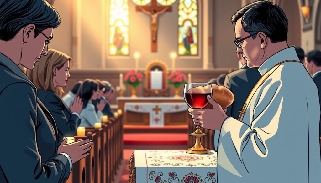 A serene scene from a Catholic Mass, focused on the moment of presenting the gifts. In the foreground, a priest in formal liturgical attire carefully holds a gleaming gold chalice filled with red wine and a freshly baked loaf of bread on a beautifully embroidered altar cloth. Surrounding him are parishioners in modest business attire, hands reverently clasped in prayer. The middle ground features an altar adorned with flickering candles, vibrant flowers, and a crucifix in the backdrop, illuminated by soft, warm lighting that creates a tranquil atmosphere. The church's stained-glass windows filter colorful light, casting gentle patterns on the wooden pews. The mood is solemn yet uplifting, capturing the sacredness of this important ritual in the worship service. A serene scene from a Catholic Mass, focused on the moment of presenting the gifts. In the foreground, a priest in formal liturgical attire carefully holds a gleaming gold chalice filled with red wine and a freshly baked loaf of bread on a beautifully embroidered altar cloth. Surrounding him are parishioners in modest business attire, hands reverently clasped in prayer. The middle ground features an altar adorned with flickering candles, vibrant flowers, and a crucifix in the backdrop, illuminated by soft, warm lighting that creates a tranquil atmosphere. The church's stained-glass windows filter colorful light, casting gentle patterns on the wooden pews. The mood is solemn yet uplifting, capturing the sacredness of this important ritual in the worship service.