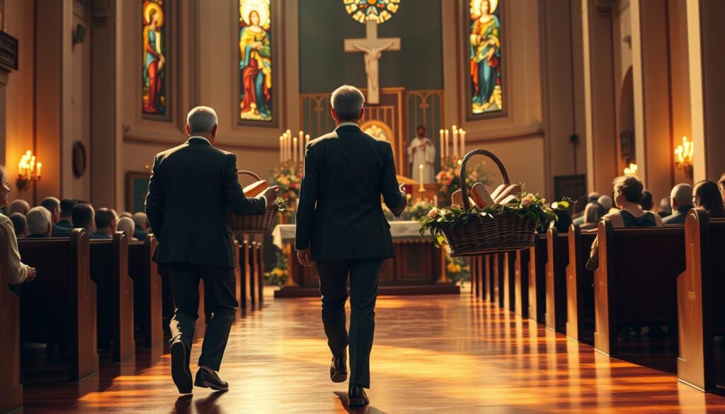 A serene scene inside a Catholic church during Mass, capturing the moment of gift bearers approaching the altar with grace. In the foreground, two individuals dressed in modest business attire, a man in a tailored suit and a woman in a simple, elegant dress, are holding a beautifully arranged basket filled with bread and wine. The middle ground features the altar adorned with lit candles, flowers, and religious icons, vibrant with warm, golden hues from the sunlight streaming through stained glass windows. The background shows a congregation, softly focused, reflecting a sense of reverence and community. The lighting is warm and inviting, casting gentle shadows that enhance the atmosphere of tranquility, spirituality, and preparation. The angle is slightly low, emphasizing the gift bearers as they advance with purpose.
