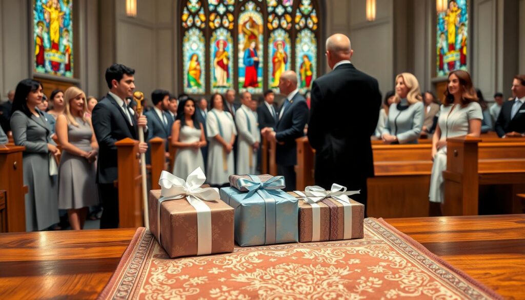 A serene scene inside a Catholic church during Mass, focusing on the moment of gift presentation. In the foreground, a polished wooden altar adorned with an ornate cloth holds beautifully wrapped gifts symbolizing offerings, neatly arranged. In the middle ground, a diverse group of individuals dressed in smart, modest attire—men in suits and women in dresses—gathers, their expressions reflecting reverence and anticipation, as they prepare to present their gifts to the priest. The background features stained glass windows casting colorful light onto the congregation, creating a warm and inviting atmosphere. Soft, natural lighting enhances the peaceful mood, while a slight depth of field effect brings the focus on the gifts and the people involved in this meaningful moment.