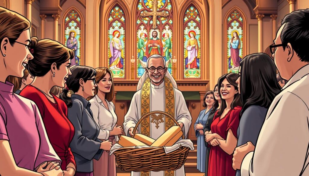 A serene scene of a Catholic Mass in a beautifully adorned church, focusing on the moment of presenting gifts at the altar. In the foreground, a diverse group of congregants, dressed in modest professional attire, approaches the altar with a basket of bread and wine, their expressions reflecting reverence and joy. In the middle ground, a priest in traditional vestments stands at the altar, ready to receive the gifts with a gentle smile. The background features stained glass windows casting colorful light, enhancing the sacred atmosphere. Soft, warm lighting bathes the scene, creating an inviting and peaceful mood. The angle is slightly low, emphasizing the spiritual significance of the moment and drawing the viewer into the essence of the Mass.