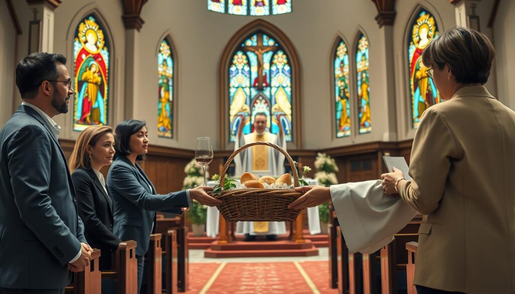 A serene setting inside a Catholic church during Mass, focusing on the presentation of gifts at the altar. In the foreground, a diverse group of four individuals—two men and two women—dressed in professional business attire, gently bringing forward a beautifully arranged basket of bread and wine, symbolizing the Eucharist. In the middle ground, the altar adorned with white linens and flowers, with a priest standing reverently, hands raised in blessing. The background reveals stained glass windows casting warm, colorful light across the scene, enhancing the atmosphere of reverence and community. Use soft, diffused lighting to create a peaceful and contemplative mood, captured from a slightly low angle to emphasize the importance of the moment.