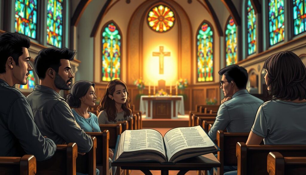 A serene setting inside a beautiful, softly lit church, with stained glass windows casting colorful patterns on the wooden pews. In the foreground, a diverse group of three individuals, dressed in modest casual clothing, are engaged in a thoughtful discussion, their expressions reflecting curiosity and introspection. The middle layer features a gentle glow surrounding a large open Bible resting on a lectern, symbolizing wisdom and guidance. In the background, the altar adorned with candles and floral arrangements adds to the spiritual atmosphere. The warm, inviting lighting invokes a sense of peace and inspiration. The image captures the essence of exploring and understanding spiritual gifts in the Catholic faith, inviting viewers to reflect on their own spiritual journeys. A serene setting inside a beautiful, softly lit church, with stained glass windows casting colorful patterns on the wooden pews. In the foreground, a diverse group of three individuals, dressed in modest casual clothing, are engaged in a thoughtful discussion, their expressions reflecting curiosity and introspection. The middle layer features a gentle glow surrounding a large open Bible resting on a lectern, symbolizing wisdom and guidance. In the background, the altar adorned with candles and floral arrangements adds to the spiritual atmosphere. The warm, inviting lighting invokes a sense of peace and inspiration. The image captures the essence of exploring and understanding spiritual gifts in the Catholic faith, inviting viewers to reflect on their own spiritual journeys.