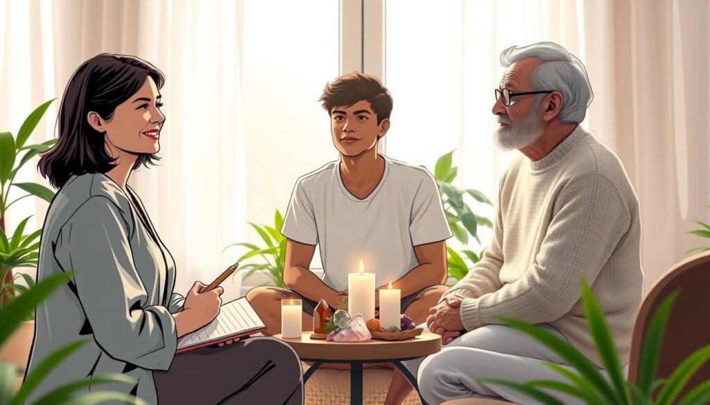 A serene, softly-lit room where a diverse group of individuals sits in a circle, engaged in a spiritual exploration session. In the foreground, we see three people: a middle-aged woman with a gentle smile, dressed in modest casual clothing, holding a notepad; a young man, thoughtfully listening, wearing a simple white shirt; and an elder gentleman who appears reflective and wise, wearing a light sweater. The middle ground features candles and a small table with spiritual symbols and crystals, surrounded by vibrant greenery, indicating growth and insight. In the background, a large window allows soft, natural light to filter in, enhancing the peaceful atmosphere, creating a warm and inviting mood that evokes a sense of community and shared discovery. The image captures the essence of exploring spiritual gifts, with a focus on openness and support. A serene, softly-lit room where a diverse group of individuals sits in a circle, engaged in a spiritual exploration session. In the foreground, we see three people: a middle-aged woman with a gentle smile, dressed in modest casual clothing, holding a notepad; a young man, thoughtfully listening, wearing a simple white shirt; and an elder gentleman who appears reflective and wise, wearing a light sweater. The middle ground features candles and a small table with spiritual symbols and crystals, surrounded by vibrant greenery, indicating growth and insight. In the background, a large window allows soft, natural light to filter in, enhancing the peaceful atmosphere, creating a warm and inviting mood that evokes a sense of community and shared discovery. The image captures the essence of exploring spiritual gifts, with a focus on openness and support.