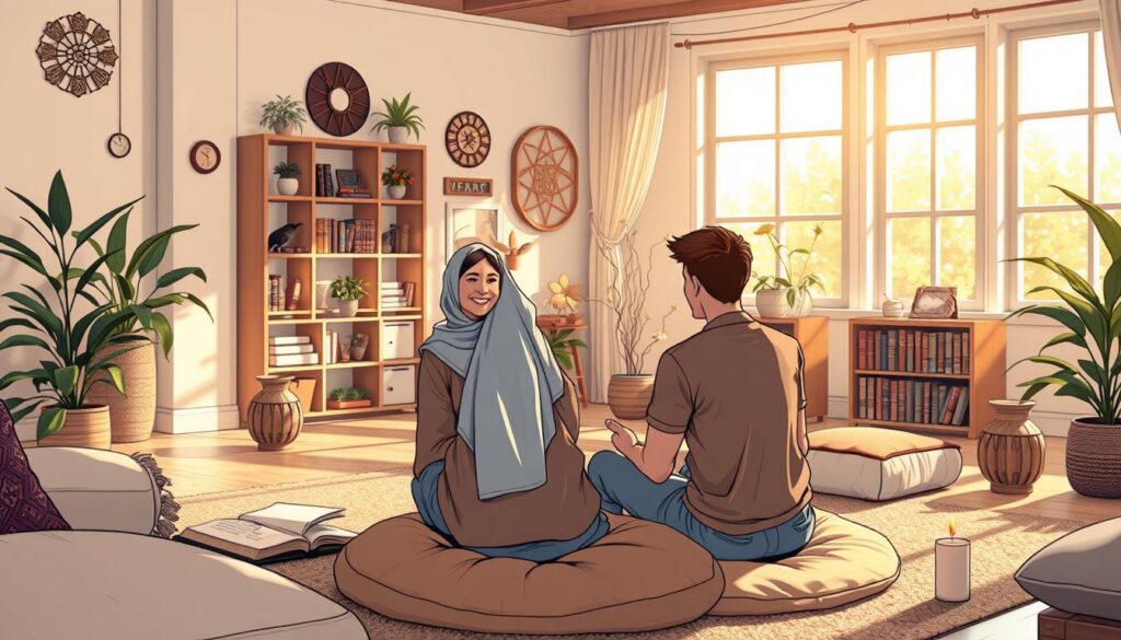 A serene, welcoming room designed for spiritual exploration, with a soft, warm light filtering through large windows, casting gentle shadows. In the foreground, a diverse group of three individuals sits in a circle on plush cushions. A middle-aged woman in modest attire with a joyful expression is guided by a thoughtful young man in casual, respectful clothing. To the side, a notebook and a small candle symbolize reflection and intention. In the middle ground, harmonious decor including calming colors, plants, and spiritual symbols adorn the walls, creating a peaceful ambiance. In the background, a bookshelf filled with spiritual texts suggests an environment rich in wisdom. The overall mood is encouraging and enlightening, inviting viewers to connect with their own spiritual gifts. A serene, welcoming room designed for spiritual exploration, with a soft, warm light filtering through large windows, casting gentle shadows. In the foreground, a diverse group of three individuals sits in a circle on plush cushions. A middle-aged woman in modest attire with a joyful expression is guided by a thoughtful young man in casual, respectful clothing. To the side, a notebook and a small candle symbolize reflection and intention. In the middle ground, harmonious decor including calming colors, plants, and spiritual symbols adorn the walls, creating a peaceful ambiance. In the background, a bookshelf filled with spiritual texts suggests an environment rich in wisdom. The overall mood is encouraging and enlightening, inviting viewers to connect with their own spiritual gifts.