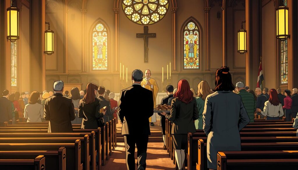 A solemn church interior during a Sunday service, illuminated by warm, soft lighting filtering through stained glass windows. In the foreground, a diverse group of individuals in professional business attire and modest casual clothing is seen approaching the altar, carrying a beautifully arranged selection of gifts, such as bread and wine. The middle ground features a priest in traditional vestments guiding them, highlighting an atmosphere of inclusivity and reverence. The background captures rows of wooden pews filled with congregation members, creating a sense of community. The overall mood is one of respect and contemplation, inviting viewers to reflect on the significance of participation in church rituals, regardless of one's faith. The angle is slightly elevated, showcasing both the altar and the congregation in harmonious unity.