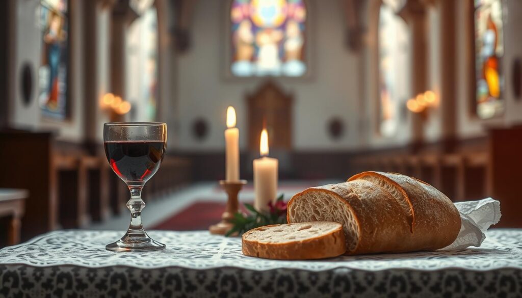 A solemn yet serene Catholic funeral setting focusing on the gifts of bread and wine. In the foreground, a beautifully arranged altar adorned with a white lace cloth, showcasing a delicate chalice filled with deep red wine, alongside a fresh loaf of artisanal bread, artfully cut to reveal its golden crust. In the middle ground, a gentle flame flickers from a lit candle, casting soft warm light, illuminating the gifts and creating an inviting atmosphere. The background features a softly blurred image of a tranquil church interior, with stained glass windows filtering in soft, colorful light. The overall mood is respectful and reflective, inviting contemplation on the significance of these gifts, with a focus on warm lighting and a soft focus lens to enhance the intimate ambiance. A solemn yet serene Catholic funeral setting focusing on the gifts of bread and wine. In the foreground, a beautifully arranged altar adorned with a white lace cloth, showcasing a delicate chalice filled with deep red wine, alongside a fresh loaf of artisanal bread, artfully cut to reveal its golden crust. In the middle ground, a gentle flame flickers from a lit candle, casting soft warm light, illuminating the gifts and creating an inviting atmosphere. The background features a softly blurred image of a tranquil church interior, with stained glass windows filtering in soft, colorful light. The overall mood is respectful and reflective, inviting contemplation on the significance of these gifts, with a focus on warm lighting and a soft focus lens to enhance the intimate ambiance.
