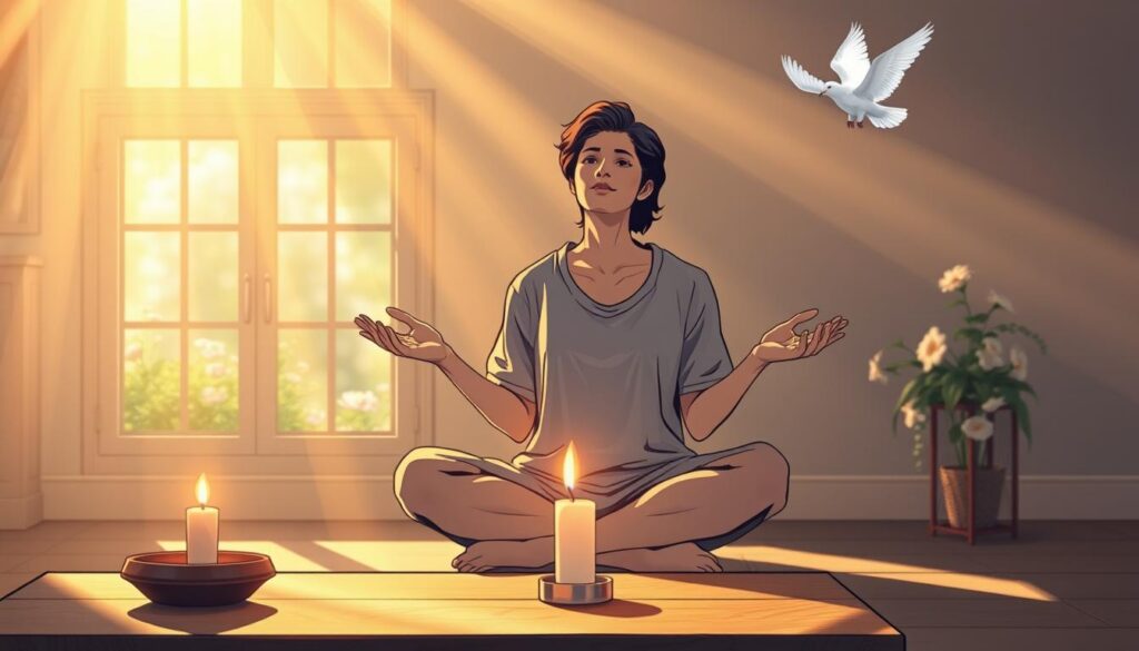 A tranquil scene depicting a serene individual, dressed in modest casual clothing, sitting cross-legged in a softly lit room, with hands open in a welcoming gesture. Surrounding them are ethereal rays of warm, golden light cascading from above, symbolizing the presence of the Holy Spirit. The foreground features a delicate, flickering candle on a small wooden table, casting gentle shadows. In the middle ground, a window reveals a lush, peaceful garden, with blooming flowers representing growth and spiritual awakening. The background is softly blurred, creating a sense of depth, as a faint ethereal dove can be seen soaring in the light. The overall mood is one of peace, reflection, and divine connection, inviting the viewer to feel the warmth and guidance of the Holy Spirit. A tranquil scene depicting a serene individual, dressed in modest casual clothing, sitting cross-legged in a softly lit room, with hands open in a welcoming gesture. Surrounding them are ethereal rays of warm, golden light cascading from above, symbolizing the presence of the Holy Spirit. The foreground features a delicate, flickering candle on a small wooden table, casting gentle shadows. In the middle ground, a window reveals a lush, peaceful garden, with blooming flowers representing growth and spiritual awakening. The background is softly blurred, creating a sense of depth, as a faint ethereal dove can be seen soaring in the light. The overall mood is one of peace, reflection, and divine connection, inviting the viewer to feel the warmth and guidance of the Holy Spirit.