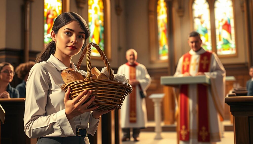 A vibrant Catholic Mass scene focused on the moment of bringing up the gifts. In the foreground, a young woman in modest, professional attire presents a beautifully adorned basket filled with bread and wine, symbolizing the Eucharist. In the middle ground, a priest dressed in traditional vestments waits at the altar, emphasizing the sacredness of this moment. In the background, a softly lit church interior with stained-glass windows reflects warm colors, adding depth and spirituality to the setting. The atmosphere is serene and reverent, with gentle sunlight filtering through the windows, casting a warm glow. The angle is slightly elevated, capturing both the offerings and the altar, conveying the significance of this moment within the Mass. A vibrant Catholic Mass scene focused on the moment of bringing up the gifts. In the foreground, a young woman in modest, professional attire presents a beautifully adorned basket filled with bread and wine, symbolizing the Eucharist. In the middle ground, a priest dressed in traditional vestments waits at the altar, emphasizing the sacredness of this moment. In the background, a softly lit church interior with stained-glass windows reflects warm colors, adding depth and spirituality to the setting. The atmosphere is serene and reverent, with gentle sunlight filtering through the windows, casting a warm glow. The angle is slightly elevated, capturing both the offerings and the altar, conveying the significance of this moment within the Mass.