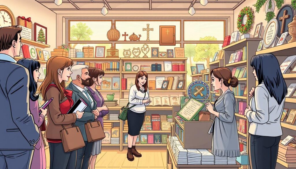 A vibrant and inviting scene depicting a local Christian gift shop. In the foreground, a diverse group of people of various ages and ethnicities, dressed in professional business attire or modest casual clothing, are browsing through shelves filled with beautifully displayed Christian gifts such as bibles, inspirational books, handmade crafts, and religious ornaments. In the middle ground, a charming shop assistant assists a customer, pointing to a shelf of curated items, while soft, warm lighting creates a welcoming atmosphere. The background features large windows that let in natural light, illuminating the shop's cozy interior decor filled with faith-based artworks and symbols, conveying a sense of community and support. The overall mood is uplifting and hopeful, perfect for a shopping guide. A vibrant and inviting scene depicting a local Christian gift shop. In the foreground, a diverse group of people of various ages and ethnicities, dressed in professional business attire or modest casual clothing, are browsing through shelves filled with beautifully displayed Christian gifts such as bibles, inspirational books, handmade crafts, and religious ornaments. In the middle ground, a charming shop assistant assists a customer, pointing to a shelf of curated items, while soft, warm lighting creates a welcoming atmosphere. The background features large windows that let in natural light, illuminating the shop's cozy interior decor filled with faith-based artworks and symbols, conveying a sense of community and support. The overall mood is uplifting and hopeful, perfect for a shopping guide.
