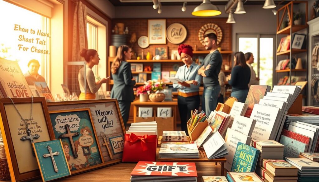 A vibrant and inviting scene depicting a selection of Christian gifts in a cozy, well-lit store interior. In the foreground, showcase a beautifully arranged display table featuring stylish cross necklaces, colorful scripture art prints, and thoughtfully designed greeting cards, all artfully positioned to attract attention. The middle ground reveals shelves lined with decorative faith-based home décor items, like inspirational wall hangings and prayer journals, bathed in warm, natural light. In the background, a friendly shopkeeper, dressed in professional attire, assists a diverse group of customers, creating a welcoming atmosphere. Soft, diffused lighting enhances the feeling of warmth and community, while capturing the essence of shopping for Christian gifts in the US. The image should evoke a sense of joy and inspiration for every occasion. A vibrant and inviting scene depicting a selection of Christian gifts in a cozy, well-lit store interior. In the foreground, showcase a beautifully arranged display table featuring stylish cross necklaces, colorful scripture art prints, and thoughtfully designed greeting cards, all artfully positioned to attract attention. The middle ground reveals shelves lined with decorative faith-based home décor items, like inspirational wall hangings and prayer journals, bathed in warm, natural light. In the background, a friendly shopkeeper, dressed in professional attire, assists a diverse group of customers, creating a welcoming atmosphere. Soft, diffused lighting enhances the feeling of warmth and community, while capturing the essence of shopping for Christian gifts in the US. The image should evoke a sense of joy and inspiration for every occasion.