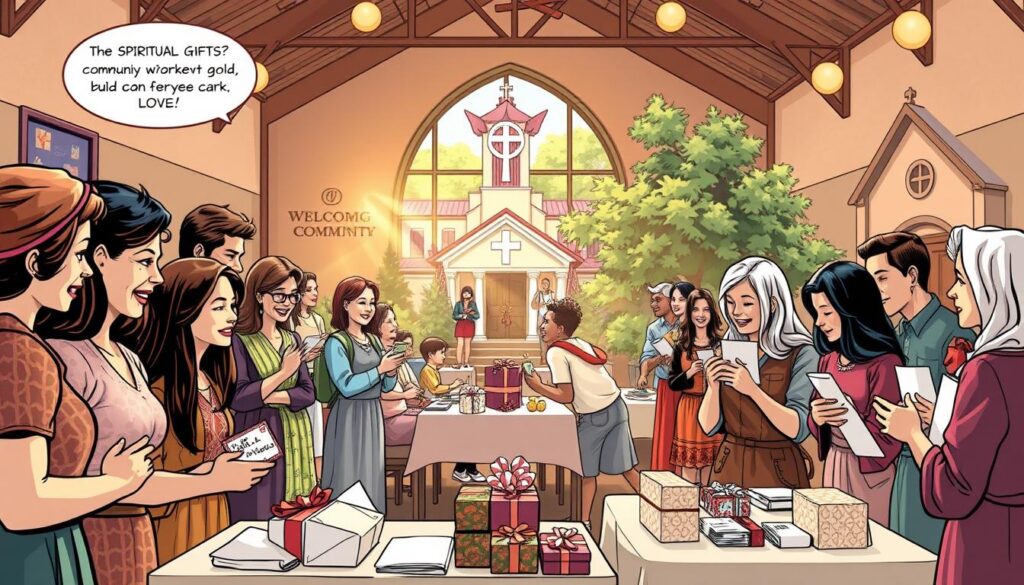 A vibrant church community scene illustrating spiritual gifts that build connection and support. In the foreground, a diverse group of individuals, dressed in modest casual clothing, gather joyfully, exchanging gifts such as baked goods, handmade crafts, and supportive notes, showcasing kindness and love. In the middle ground, a cozy fellowship hall filled with colorful decorations and tables lined with various gift items symbolizes sharing and unity. A warm light streams through large windows, casting a soft glow over the gathering, enhancing the atmosphere of community and togetherness. In the background, a welcoming church building can be seen, with lush greenery surrounding it, suggesting a nurturing environment for faith and fellowship. The overall mood is uplifting and harmonious, emphasizing the importance of spiritual gifts in building a vibrant church community. A vibrant church community scene illustrating spiritual gifts that build connection and support. In the foreground, a diverse group of individuals, dressed in modest casual clothing, gather joyfully, exchanging gifts such as baked goods, handmade crafts, and supportive notes, showcasing kindness and love. In the middle ground, a cozy fellowship hall filled with colorful decorations and tables lined with various gift items symbolizes sharing and unity. A warm light streams through large windows, casting a soft glow over the gathering, enhancing the atmosphere of community and togetherness. In the background, a welcoming church building can be seen, with lush greenery surrounding it, suggesting a nurturing environment for faith and fellowship. The overall mood is uplifting and harmonious, emphasizing the importance of spiritual gifts in building a vibrant church community.