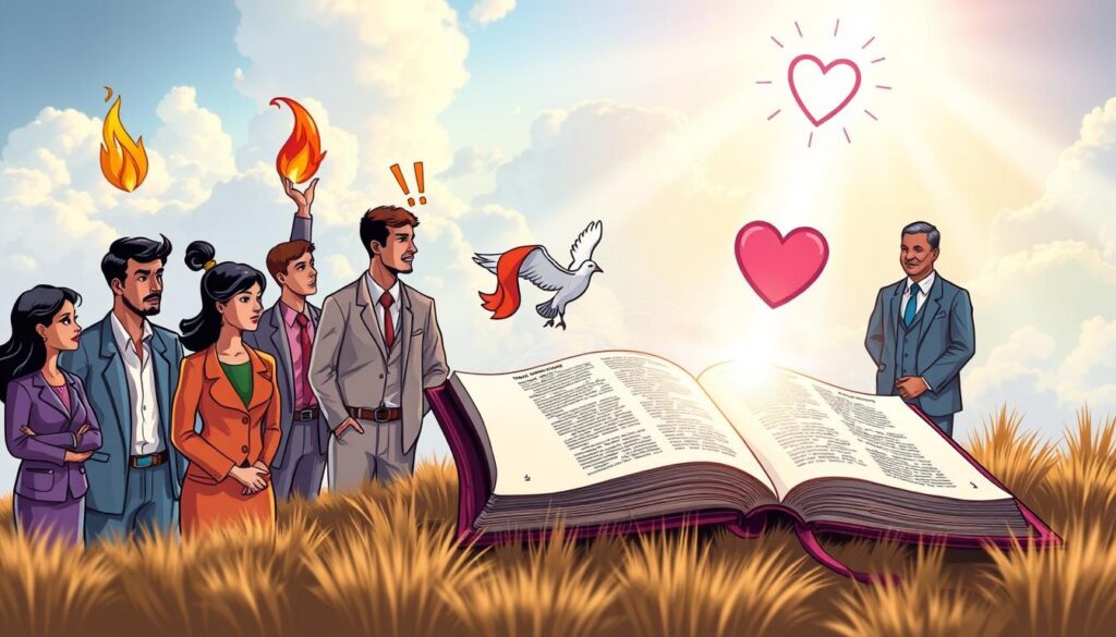 A vibrant illustration showcasing an overview of Christian spiritual gifts. In the foreground, a diverse group of individuals representing different ethnicities, dressed in professional business attire, are interacting with visual symbols of spiritual gifts, such as a flame for knowledge, a dove for wisdom, and a heart for service. In the middle ground, an open Bible is prominently displayed, surrounded by glowing light emanating from the pages, symbolizing divine inspiration. The background features a soft, ethereal landscape with gentle clouds and beams of sunlight breaking through, creating a hopeful and uplifting atmosphere. The overall mood is inspirational and contemplative, inviting viewers to reflect on the essence of spiritual empowerment. The lighting is warm and inviting, with a shallow depth of field to emphasize the foreground details. A vibrant illustration showcasing an overview of Christian spiritual gifts. In the foreground, a diverse group of individuals representing different ethnicities, dressed in professional business attire, are interacting with visual symbols of spiritual gifts, such as a flame for knowledge, a dove for wisdom, and a heart for service. In the middle ground, an open Bible is prominently displayed, surrounded by glowing light emanating from the pages, symbolizing divine inspiration. The background features a soft, ethereal landscape with gentle clouds and beams of sunlight breaking through, creating a hopeful and uplifting atmosphere. The overall mood is inspirational and contemplative, inviting viewers to reflect on the essence of spiritual empowerment. The lighting is warm and inviting, with a shallow depth of field to emphasize the foreground details.