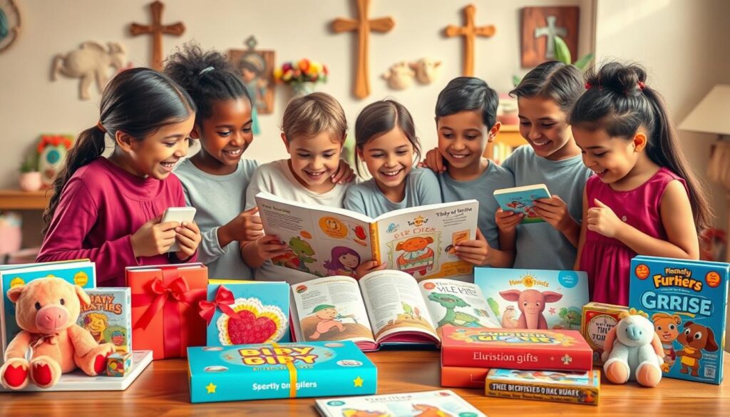 A vibrant scene depicting a variety of Christian gifts for kids, designed to evoke joy and inspiration. In the foreground, a beautifully arranged table displays colorful children's bibles, plush toys with biblical themes, and educational games featuring stories from the Bible. In the middle, cheerful children of diverse backgrounds, wearing modest casual clothing, are joyfully interacting with the gifts, some exploring a picture book while others play with a toy. The background features a softly lit cozy room decorated with Christian symbols like a cross and a prayer wall. Warm, natural lighting enhances the inviting atmosphere, with the composition focusing on happiness and community. The image captures the essence of giving and joy found in Christian gifts, encouraging a sense of belonging and faith. A vibrant scene depicting a variety of Christian gifts for kids, designed to evoke joy and inspiration. In the foreground, a beautifully arranged table displays colorful children's bibles, plush toys with biblical themes, and educational games featuring stories from the Bible. In the middle, cheerful children of diverse backgrounds, wearing modest casual clothing, are joyfully interacting with the gifts, some exploring a picture book while others play with a toy. The background features a softly lit cozy room decorated with Christian symbols like a cross and a prayer wall. Warm, natural lighting enhances the inviting atmosphere, with the composition focusing on happiness and community. The image captures the essence of giving and joy found in Christian gifts, encouraging a sense of belonging and faith.