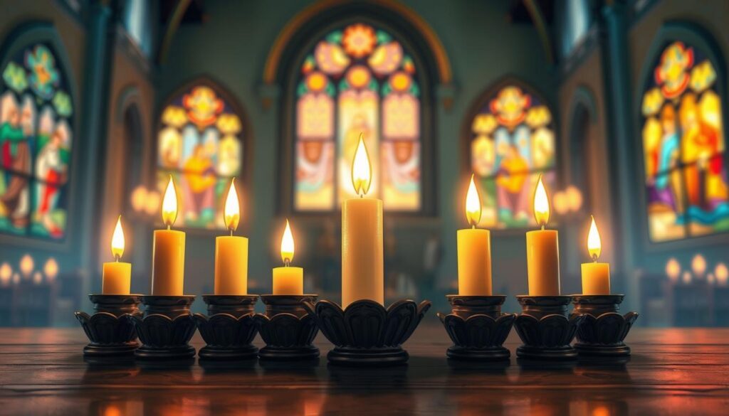 A visually captivating illustration breaking down the Seven Gifts of the Holy Spirit. In the foreground, a beautifully arranged display of seven radiant candles, each symbolizing a different gift—wisdom, understanding, counsel, fortitude, knowledge, piety, and fear of the Lord—glow softly. In the middle ground, an ethereal light forms a gentle halo around the candles, highlighting their significance. The background features a serene, blurred landscape of a peaceful church interior, with stained glass windows filtering in warm, colorful light, creating a tranquil atmosphere. The overall mood is reflective and reverent, inspiring a sense of spirituality and contemplation. Use soft, warm lighting, focusing on the candles with a soft depth of field to emphasize their glow.