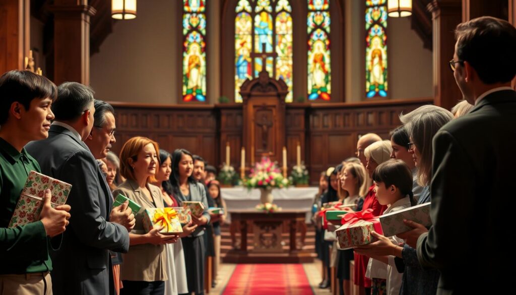 A warm and inviting Catholic church interior during a mass, with families and individuals participating in the gifts presentation. In the foreground, a diverse group of people in modest casual clothing and professional business attire, including children, hold beautifully wrapped gifts, showcasing a mix of vibrant colors and intricate designs. In the middle ground, a wooden altar adorned with candles and flowers serves as the focal point. The background features stained glass windows filtering in soft, colorful light, creating a serene atmosphere. The scene is illuminated by gentle overhead lighting, enhancing the warm, communal mood of the event. Capture the anticipation and reverence of the moment with a slight upward angle, emphasizing the connection between the participants and the altar. A warm and inviting Catholic church interior during a mass, with families and individuals participating in the gifts presentation. In the foreground, a diverse group of people in modest casual clothing and professional business attire, including children, hold beautifully wrapped gifts, showcasing a mix of vibrant colors and intricate designs. In the middle ground, a wooden altar adorned with candles and flowers serves as the focal point. The background features stained glass windows filtering in soft, colorful light, creating a serene atmosphere. The scene is illuminated by gentle overhead lighting, enhancing the warm, communal mood of the event. Capture the anticipation and reverence of the moment with a slight upward angle, emphasizing the connection between the participants and the altar.