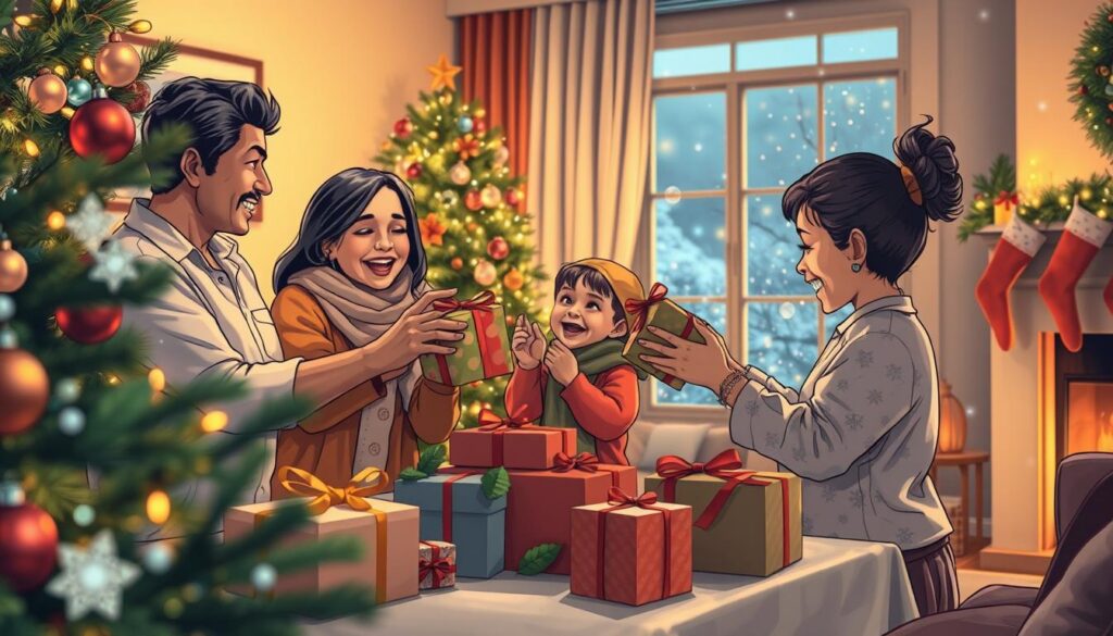 A warm and inviting Christmas scene depicting a diverse family gathered around a beautifully decorated tree, exchanging gifts. In the foreground, two adults of different ethnicities, dressed in modest, festive attire, joyfully handing a colorful wrapped gift to an excited child, who is beaming with anticipation. In the middle ground, a table adorned with more gifts and traditional Christmas decorations, including holly and twinkling lights, creates a festive atmosphere. The background features a softly lit living room with stockings hung by the fireplace and a window showing gently falling snow. The lighting is warm and cozy, evoking a sense of love and togetherness, captured with a slight lens blur for a soft, dreamy effect.