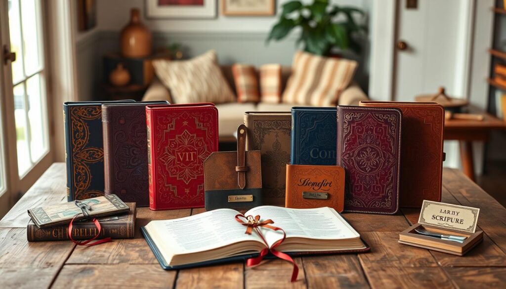 A warm and inviting display of beautifully designed Bible covers and accessories arranged on a rustic wooden table. In the foreground, showcase a selection of vivid, intricately patterned Bible covers in rich colors like deep burgundy and royal blue, some adorned with embossed designs and gold accents. Include a variety of practical accessories, such as bookmarks made of leather, scripture art prints, and personalized nameplates, elegantly placed around the covers. In the middle background, softly blurred, display a cozy reading nook with natural light streaming in through a nearby window, highlighting the serene atmosphere. The overall mood should convey a sense of reverence and care for scripture, inviting viewers to explore these thoughtful accessories for their faith journey. A warm and inviting display of beautifully designed Bible covers and accessories arranged on a rustic wooden table. In the foreground, showcase a selection of vivid, intricately patterned Bible covers in rich colors like deep burgundy and royal blue, some adorned with embossed designs and gold accents. Include a variety of practical accessories, such as bookmarks made of leather, scripture art prints, and personalized nameplates, elegantly placed around the covers. In the middle background, softly blurred, display a cozy reading nook with natural light streaming in through a nearby window, highlighting the serene atmosphere. The overall mood should convey a sense of reverence and care for scripture, inviting viewers to explore these thoughtful accessories for their faith journey.