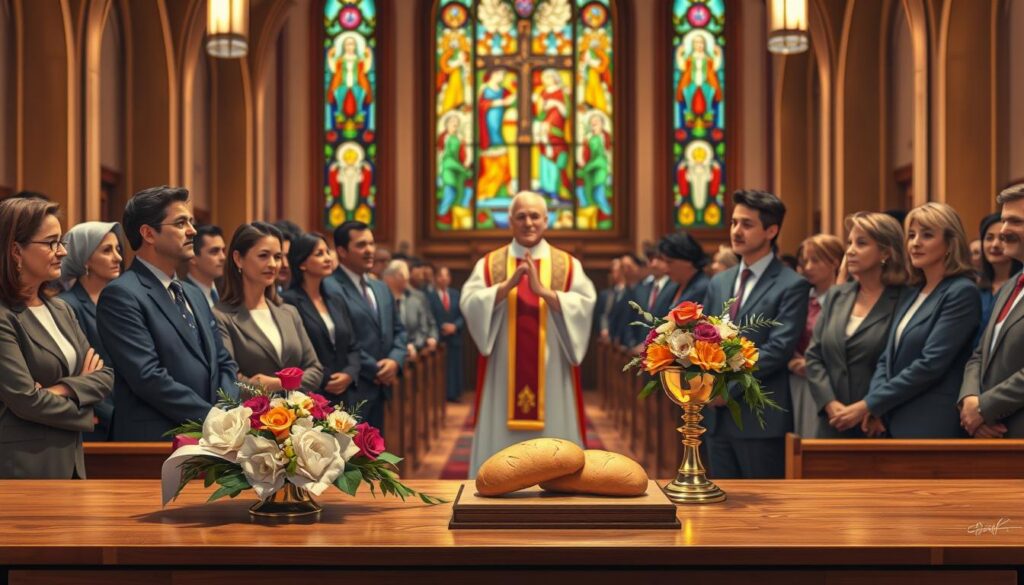 A warm and inviting scene inside a Catholic church during Mass, focusing on the moment the gifts are being prepared. In the foreground, a beautifully arranged wooden altar holds a chalice and a paten with fresh bread, elegantly adorned with colorful floral arrangements. In the middle ground, a priest dressed in traditional vestments presents the gifts to the congregation, with expressions of reverence and anticipation on the faces of parishioners dressed in modest business attire, reflecting a sense of community. The background showcases stained glass windows filtering soft, colorful light onto the scene, enhancing the atmosphere of tranquility and spirituality. The lighting is soft and warm, casting gentle shadows. The perspective is slightly angled to create depth, drawing the viewer’s eye towards the altar.