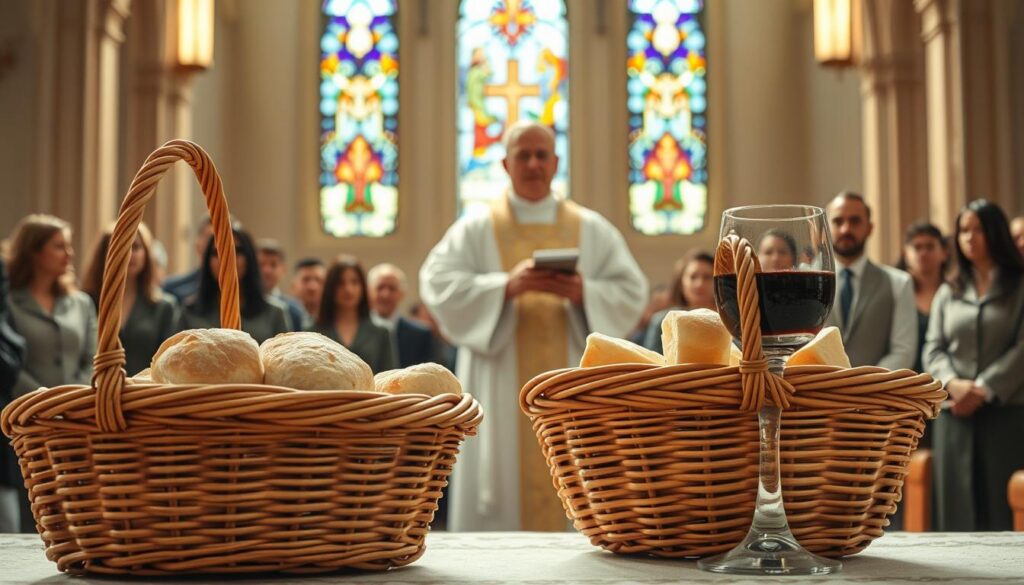 A warm, inviting interior of a Catholic church during Mass, featuring the moment when gifts are brought to the altar. In the foreground, a close-up of a beautifully arranged wicker basket filled with bread and a crystal vessel of wine, both symbolizing the Eucharist. In the middle ground, a priest dressed in a white chasuble is reverently presenting the gifts to the altar, with focused expressions from the congregation in professional attire blurred slightly behind him. The background showcases stained glass windows casting colorful light across the scene, enhancing the spiritual ambiance. Soft, natural lighting filtering through the windows creates a serene and worshipful atmosphere, captured from a slight upward angle to highlight the priest’s role in this sacred ritual. A warm, inviting interior of a Catholic church during Mass, featuring the moment when gifts are brought to the altar. In the foreground, a close-up of a beautifully arranged wicker basket filled with bread and a crystal vessel of wine, both symbolizing the Eucharist. In the middle ground, a priest dressed in a white chasuble is reverently presenting the gifts to the altar, with focused expressions from the congregation in professional attire blurred slightly behind him. The background showcases stained glass windows casting colorful light across the scene, enhancing the spiritual ambiance. Soft, natural lighting filtering through the windows creates a serene and worshipful atmosphere, captured from a slight upward angle to highlight the priest’s role in this sacred ritual.