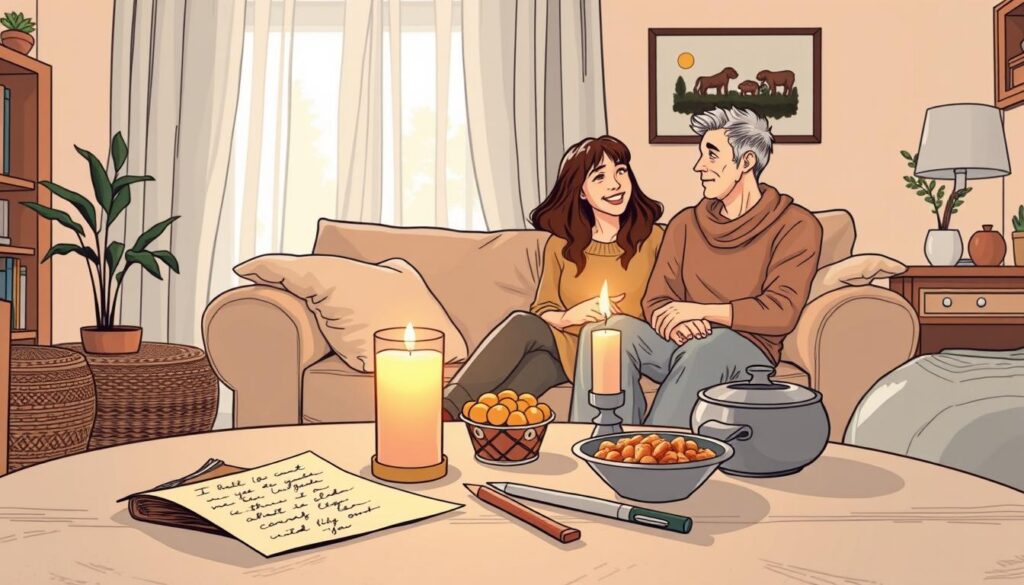 A warm, inviting scene depicting a cozy living room setting filled with thoughtful gestures for supporting a grieving loved one. In the foreground, a beautifully arranged table features a handwritten letter, a lit candle, and a comforting meal, symbolizing love and care. The middle ground includes a plush sofa with two people sitting together, one sharing a warm smile and the other listening attentively, dressed in modest casual clothing, representing connection and understanding. In the background, soft, diffused natural light streams in through a window adorned with sheer curtains, creating a serene and uplifting atmosphere. Gentle colors like soft blues and warm earth tones enhance the mood of compassion and solace, evoking a sense of hope and support during a difficult time. A warm, inviting scene depicting a cozy living room setting filled with thoughtful gestures for supporting a grieving loved one. In the foreground, a beautifully arranged table features a handwritten letter, a lit candle, and a comforting meal, symbolizing love and care. The middle ground includes a plush sofa with two people sitting together, one sharing a warm smile and the other listening attentively, dressed in modest casual clothing, representing connection and understanding. In the background, soft, diffused natural light streams in through a window adorned with sheer curtains, creating a serene and uplifting atmosphere. Gentle colors like soft blues and warm earth tones enhance the mood of compassion and solace, evoking a sense of hope and support during a difficult time.