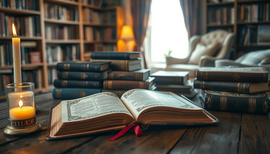 A warm, inviting scene depicting an array of beautifully designed Bibles displayed on a rustic wooden table. In the foreground, focus on an open Bible with intricate illustrations and gilded edges, alongside a candle that casts a gentle, soft light, creating a serene atmosphere. In the middle ground, several other Bibles with varying covers—some leather-bound, others with vibrant illustrations—are stacked or leaned against each other. The background features a softly blurred, cozy reading nook adorned with shelves of religious literature and a comfortable chair, bathed in natural light filtering through a window. The mood is tranquil and inspiring, perfect for the theme of "Bibles for Every Reader." Use a shallow depth of field to emphasize the foreground while maintaining an inviting environment around the Bibles. A warm, inviting scene depicting an array of beautifully designed Bibles displayed on a rustic wooden table. In the foreground, focus on an open Bible with intricate illustrations and gilded edges, alongside a candle that casts a gentle, soft light, creating a serene atmosphere. In the middle ground, several other Bibles with varying covers—some leather-bound, others with vibrant illustrations—are stacked or leaned against each other. The background features a softly blurred, cozy reading nook adorned with shelves of religious literature and a comfortable chair, bathed in natural light filtering through a window. The mood is tranquil and inspiring, perfect for the theme of "Bibles for Every Reader." Use a shallow depth of field to emphasize the foreground while maintaining an inviting environment around the Bibles.