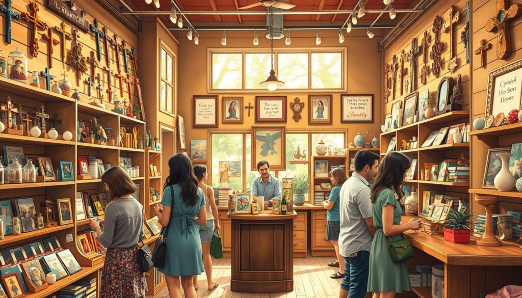 A warmly lit interior of a charming local Christian gift shop, showcasing shelves filled with beautifully crafted religious items such as crosses, inspirational books, decorative candles, and handcrafted ornaments. In the foreground, a diverse group of shoppers, dressed in modest casual attire, are exploring the vibrant displays, interacting with friendly shop staff behind a rustic wooden counter. The middle of the shop features a cozy seating area adorned with religious art and framed scripture quotes. In the background, large windows let in natural light, casting a welcoming glow over the entire scene, enhancing the inviting and uplifting atmosphere. The perspective captures the depth of the shop while maintaining a focus on the joyful shopping experience, embodying community and faith. A warmly lit interior of a charming local Christian gift shop, showcasing shelves filled with beautifully crafted religious items such as crosses, inspirational books, decorative candles, and handcrafted ornaments. In the foreground, a diverse group of shoppers, dressed in modest casual attire, are exploring the vibrant displays, interacting with friendly shop staff behind a rustic wooden counter. The middle of the shop features a cozy seating area adorned with religious art and framed scripture quotes. In the background, large windows let in natural light, casting a welcoming glow over the entire scene, enhancing the inviting and uplifting atmosphere. The perspective captures the depth of the shop while maintaining a focus on the joyful shopping experience, embodying community and faith.