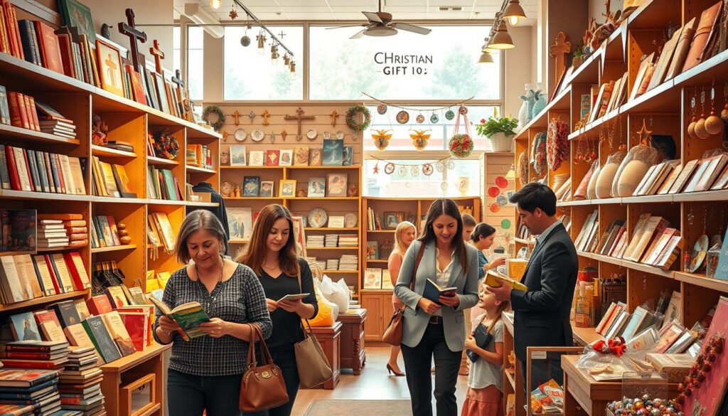 A well-lit, inviting Christian gift shop filled with beautifully arranged displays of religious items such as Bibles, inspirational books, crosses, and handmade ornaments. In the foreground, a diverse group of shoppers, including a middle-aged woman in modest casual attire, a young couple in professional outfits, and a child browsing, are engaged and smiling while exploring the merchandise. The middle section showcases various gift items, some elegantly gift-wrapped, under soft, warm lighting that creates a cozy atmosphere. In the background, a large window lets in natural light, illuminating the shop's wooden shelves adorned with bright, cheerful decorations. The overall mood is joyful and serene, capturing the essence of a fulfilling shopping experience for meaningful Christian gifts. A well-lit, inviting Christian gift shop filled with beautifully arranged displays of religious items such as Bibles, inspirational books, crosses, and handmade ornaments. In the foreground, a diverse group of shoppers, including a middle-aged woman in modest casual attire, a young couple in professional outfits, and a child browsing, are engaged and smiling while exploring the merchandise. The middle section showcases various gift items, some elegantly gift-wrapped, under soft, warm lighting that creates a cozy atmosphere. In the background, a large window lets in natural light, illuminating the shop's wooden shelves adorned with bright, cheerful decorations. The overall mood is joyful and serene, capturing the essence of a fulfilling shopping experience for meaningful Christian gifts.