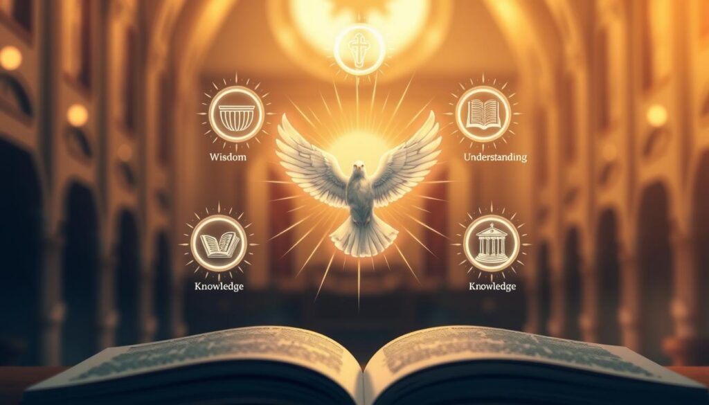 An artistic depiction of the "Seven Gifts of the Holy Spirit" represented as luminous symbols radiating from a central figure representing the Holy Spirit, depicted as a dove, soaring gracefully. In the foreground, each gift—Wisdom, Understanding, Counsel, Fortitude, Knowledge, Piety, and Fear of the Lord—illustrated through ethereal, glowing icons, surrounding the dove in a circular arrangement. The middle background features a soft, warm light illuminating the scene, enhancing the heavenly atmosphere, with a gentle, blurred church setting to evoke a sense of reverence. The overall mood is serene and uplifting, showcasing divine grace and enlightenment. The image employs soft-focus techniques with a warm color palette, emphasizing the spiritual significance and connection of the gifts.