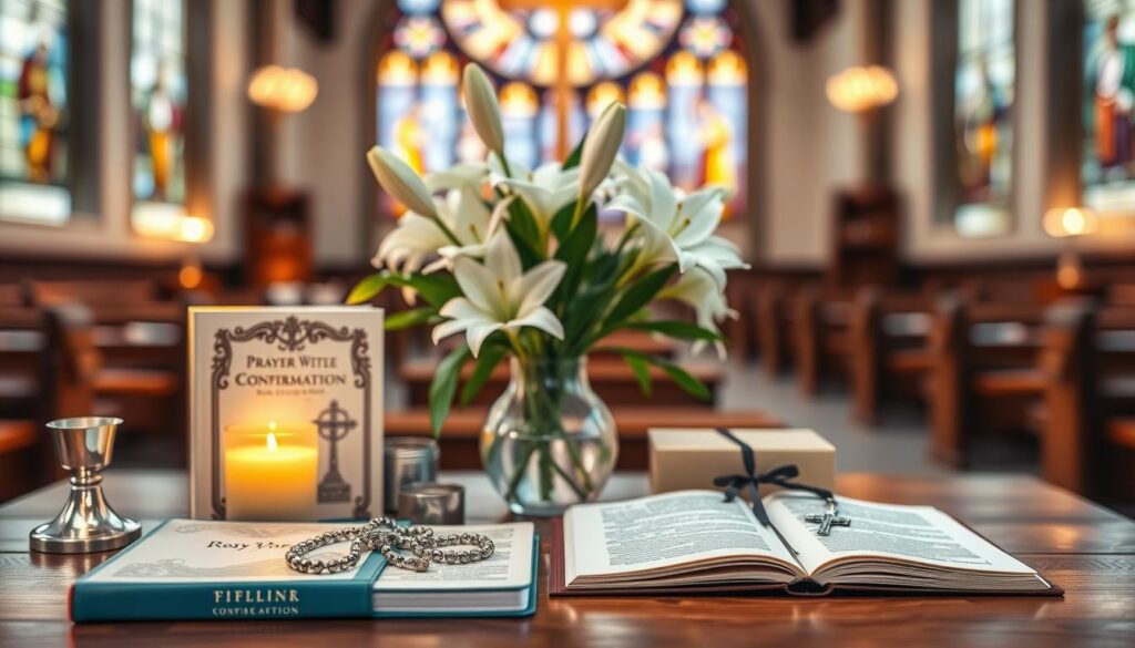 An elegant display of gifts for Catholic Confirmation, featuring a beautifully arranged wooden table. In the foreground, a collection of thoughtful gifts such as a decorative rosary, a personalized prayer book, and a silver cross pendant glimmering softly in the warm candlelight. In the middle, a delicate vase filled with white lilies and greenery, symbolizing purity and new beginnings. The background is softly blurred, showcasing a serene church interior with stained glass windows filtering gentle beams of colored light into the space, creating a sacred and reflective atmosphere. The scene is warmly lit, focusing on creating a sense of reverence and celebration, with a soft depth of field to draw attention to the gifts. An elegant display of gifts for Catholic Confirmation, featuring a beautifully arranged wooden table. In the foreground, a collection of thoughtful gifts such as a decorative rosary, a personalized prayer book, and a silver cross pendant glimmering softly in the warm candlelight. In the middle, a delicate vase filled with white lilies and greenery, symbolizing purity and new beginnings. The background is softly blurred, showcasing a serene church interior with stained glass windows filtering gentle beams of colored light into the space, creating a sacred and reflective atmosphere. The scene is warmly lit, focusing on creating a sense of reverence and celebration, with a soft depth of field to draw attention to the gifts.