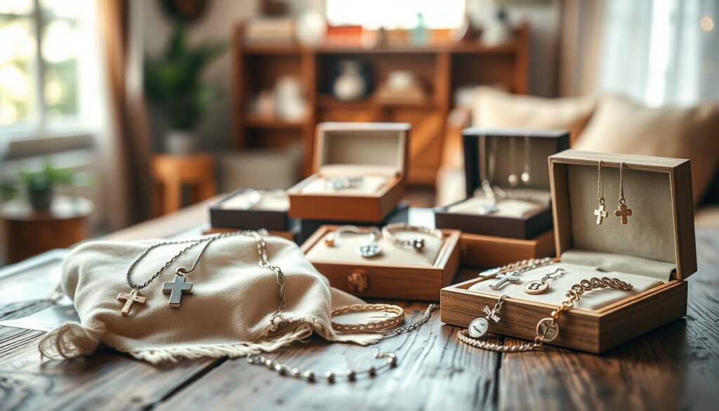 Christian jewelry gifts displayed elegantly on a rustic wooden table, featuring a variety of necklaces, bracelets, and earrings with crosses, inspirational charms, and faith-themed designs. The foreground showcases delicate pieces attractively arranged on soft, natural fabric. In the middle, softly blurred, are additional jewelry boxes with a warm, neutral color palette, enhancing the sense of gift-giving. In the background, a cozy room is subtly lit by natural light streaming through a window, creating an inviting atmosphere. Gentle bokeh effects add depth, emphasizing the focus on the jewelry. The mood is warm and heartfelt, capturing the essence of meaningful gifts that reflect faith without compromising on style. The lens should create a soft focus with a slight vignette to draw the viewer's eyes to the jewelry. Christian jewelry gifts displayed elegantly on a rustic wooden table, featuring a variety of necklaces, bracelets, and earrings with crosses, inspirational charms, and faith-themed designs. The foreground showcases delicate pieces attractively arranged on soft, natural fabric. In the middle, softly blurred, are additional jewelry boxes with a warm, neutral color palette, enhancing the sense of gift-giving. In the background, a cozy room is subtly lit by natural light streaming through a window, creating an inviting atmosphere. Gentle bokeh effects add depth, emphasizing the focus on the jewelry. The mood is warm and heartfelt, capturing the essence of meaningful gifts that reflect faith without compromising on style. The lens should create a soft focus with a slight vignette to draw the viewer's eyes to the jewelry.