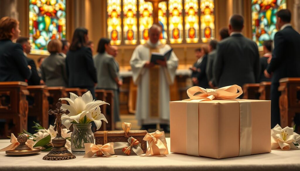 Gifts arranged elegantly at the altar of a Catholic church during a funeral mass, foreground filled with a variety of symbolic items: a small bronze crucifix, a vase of white lilies, and a beautifully wrapped gift box in soft pastel colors. The middle ground features a priest in white vestments standing solemnly, holding a prayer book, while a small group of attendees dressed in professional business attire gather respectfully behind him. In the background, stained glass windows cast a warm, golden light across the scene, creating an atmosphere of reverence and peace. The focus should be slightly angled toward the altar, enhancing the sense of solemnity, with the lighting soft yet illuminating the gifts to highlight their significance during the farewell ceremony. Gifts arranged elegantly at the altar of a Catholic church during a funeral mass, foreground filled with a variety of symbolic items: a small bronze crucifix, a vase of white lilies, and a beautifully wrapped gift box in soft pastel colors. The middle ground features a priest in white vestments standing solemnly, holding a prayer book, while a small group of attendees dressed in professional business attire gather respectfully behind him. In the background, stained glass windows cast a warm, golden light across the scene, creating an atmosphere of reverence and peace. The focus should be slightly angled toward the altar, enhancing the sense of solemnity, with the lighting soft yet illuminating the gifts to highlight their significance during the farewell ceremony.