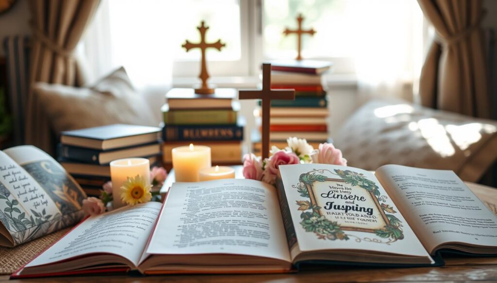 In a cozy, inviting setting, a beautifully arranged tabletop featuring an array of gift books and devotionals that inspire daily faith. In the foreground, several open books with decorative covers displaying inspiring titles, surrounded by delicate candles and fresh flowers. The middle ground reveals a stack of additional books, some leaning against a small wooden cross, symbolizing spirituality. In the background, soft natural light streams through a nearby window, casting gentle shadows and creating a warm and peaceful atmosphere. The overall mood is serene and uplifting, perfect for reflecting on daily inspiration and devotion. Use a soft focus lens effect to enhance the inviting warmth of the scene. In a cozy, inviting setting, a beautifully arranged tabletop featuring an array of gift books and devotionals that inspire daily faith. In the foreground, several open books with decorative covers displaying inspiring titles, surrounded by delicate candles and fresh flowers. The middle ground reveals a stack of additional books, some leaning against a small wooden cross, symbolizing spirituality. In the background, soft natural light streams through a nearby window, casting gentle shadows and creating a warm and peaceful atmosphere. The overall mood is serene and uplifting, perfect for reflecting on daily inspiration and devotion. Use a soft focus lens effect to enhance the inviting warmth of the scene.