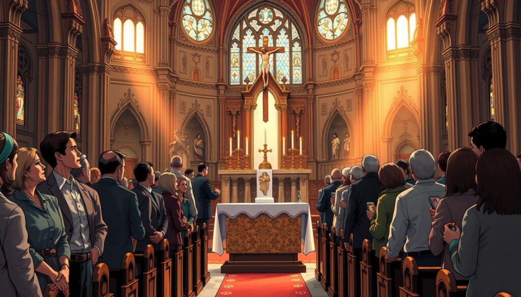 Inside a beautifully adorned Catholic church, the altar is the focal point, illuminated by soft candlelight and warm sunlight streaming through stained glass windows. In the foreground, a diverse group of individuals dressed in modest business attire or simple yet respectful casual clothing prepares to bring up the gifts—bread and wine—symbolizing the offerings of the congregation. Their expressions convey reverence and purpose. In the middle ground, a richly decorated altar table is ready, adorned with a white altar cloth, candles, and a crucifix, enhancing the sacred ambiance. In the background, pews filled with congregation members create a sense of community, while the church's high ceilings and intricate architecture add to the solemn atmosphere. The overall mood is one of devotion and tradition, capturing the essence of a Catholic Mass.