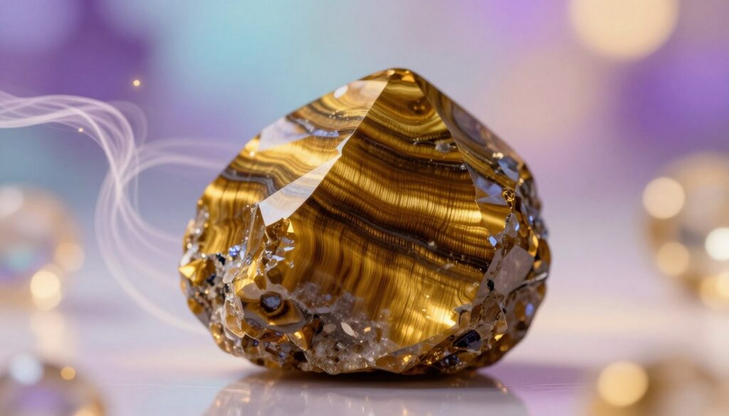 A beautiful and intricately detailed close-up of a polished Tiger Eye crystal, showcasing its rich golden-brown bands and shimmering layers, highlighted by soft, warm lighting that creates a sense of depth. The foreground features the crystal resting on a sleek, reflective surface, enhancing its natural luster. In the middle ground, delicate, ethereal wisps of light surround the crystal, symbolizing the flow of confidence and willpower. The background fades into a soft, dreamy blur of neon colors—purples, blues, and golds—creating a harmonious and enchanting atmosphere. The overall mood should evoke empowerment and strength, inviting the viewer to connect with the crystal’s powerful properties, in a style reminiscent of a high-end magazine advertisement aimed at adult Gen Z. A beautiful and intricately detailed close-up of a polished Tiger Eye crystal, showcasing its rich golden-brown bands and shimmering layers, highlighted by soft, warm lighting that creates a sense of depth. The foreground features the crystal resting on a sleek, reflective surface, enhancing its natural luster. In the middle ground, delicate, ethereal wisps of light surround the crystal, symbolizing the flow of confidence and willpower. The background fades into a soft, dreamy blur of neon colors—purples, blues, and golds—creating a harmonious and enchanting atmosphere. The overall mood should evoke empowerment and strength, inviting the viewer to connect with the crystal’s powerful properties, in a style reminiscent of a high-end magazine advertisement aimed at adult Gen Z.