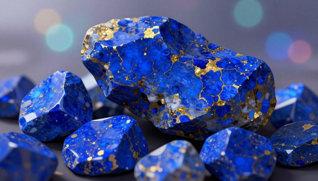 A beautiful close-up illustration of lapis lazuli mineral composition. The foreground showcases polished lapis lazuli stones exhibiting their vibrant deep blue hues with flecks of gold pyrite. In the middle, a detailed cross-section of the mineral, highlighting its unique patterns and textures, is displayed against a polished black background. The background features soft, ethereal lighting that creates a dreamlike atmosphere, with subtle neon accents that enhance the colors of the stones without overwhelming them. The angle is slightly tilted to create dynamic depth, while the overall composition exudes a sense of mystery and allure, inviting viewers to explore the secrets of this intriguing mineral. The image is designed to capture attention and evoke curiosity. A beautiful close-up illustration of lapis lazuli mineral composition. The foreground showcases polished lapis lazuli stones exhibiting their vibrant deep blue hues with flecks of gold pyrite. In the middle, a detailed cross-section of the mineral, highlighting its unique patterns and textures, is displayed against a polished black background. The background features soft, ethereal lighting that creates a dreamlike atmosphere, with subtle neon accents that enhance the colors of the stones without overwhelming them. The angle is slightly tilted to create dynamic depth, while the overall composition exudes a sense of mystery and allure, inviting viewers to explore the secrets of this intriguing mineral. The image is designed to capture attention and evoke curiosity.