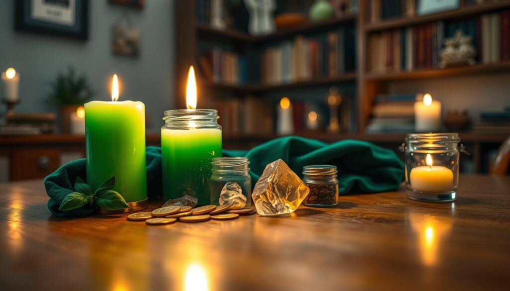 A beautifully arranged collection of prosperity spell tools and ingredients sits on a polished wooden table at the forefront. In vibrant focus, there’s a glowing green candle, surrounded by shimmering gold coins and small glass jars filled with herbs like basil and cinnamon. A delicate crystal sits next to a polished piece of citrine, capturing the light. In the middle ground, a richly textured velvet cloth in deep emerald adds elegance, while a soft, blurred background reveals shelves filled with books and mystical artifacts, softly illuminated by warm candlelight. The atmosphere is inviting and magical, with neon hues reflecting off surfaces, creating a harmonious blend of tradition and modernity, perfect for an adult Gen Z aesthetic. The lighting is warm, reminiscent of a cozy ritual space, evoking feelings of hope and abundance. A beautifully arranged collection of prosperity spell tools and ingredients sits on a polished wooden table at the forefront. In vibrant focus, there’s a glowing green candle, surrounded by shimmering gold coins and small glass jars filled with herbs like basil and cinnamon. A delicate crystal sits next to a polished piece of citrine, capturing the light. In the middle ground, a richly textured velvet cloth in deep emerald adds elegance, while a soft, blurred background reveals shelves filled with books and mystical artifacts, softly illuminated by warm candlelight. The atmosphere is inviting and magical, with neon hues reflecting off surfaces, creating a harmonious blend of tradition and modernity, perfect for an adult Gen Z aesthetic. The lighting is warm, reminiscent of a cozy ritual space, evoking feelings of hope and abundance.
