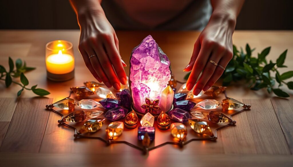 A beautifully arranged crystal grid centered around an opulent, glowing amethyst, surrounded by smaller vibrant crystals like citrine and clear quartz, radiating energy. In the foreground, a pair of hands, adorned with elegant rings, gently places a crystal into the grid, symbolizing intention. The middle ground features a softly lit wooden table, with a glowing candle and fresh green plants enhancing the abundance theme. The background displays ethereal, luminous colors reminiscent of a dreamcore aesthetic, suggesting wealth and prosperity. The overall lighting is warm, casting soft shadows, creating an inviting and serene atmosphere, with a focus on the meticulous arrangement of the crystals. The composition conveys a sense of calm determination and clarity of intention, perfect for invoking feelings of abundance. A beautifully arranged crystal grid centered around an opulent, glowing amethyst, surrounded by smaller vibrant crystals like citrine and clear quartz, radiating energy. In the foreground, a pair of hands, adorned with elegant rings, gently places a crystal into the grid, symbolizing intention. The middle ground features a softly lit wooden table, with a glowing candle and fresh green plants enhancing the abundance theme. The background displays ethereal, luminous colors reminiscent of a dreamcore aesthetic, suggesting wealth and prosperity. The overall lighting is warm, casting soft shadows, creating an inviting and serene atmosphere, with a focus on the meticulous arrangement of the crystals. The composition conveys a sense of calm determination and clarity of intention, perfect for invoking feelings of abundance.