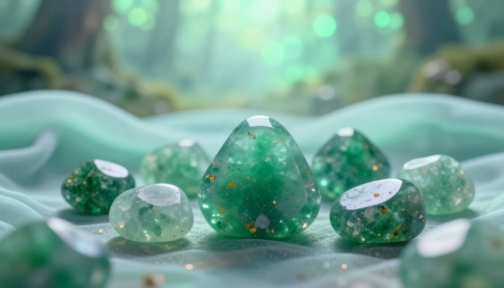 A beautifully arranged display of polished green aventurine stones, glistening under soft, glowing ambient lighting. The foreground features a close-up of several smooth, tumbled green aventurine pieces, each reflecting hues of deep green and subtle gold flecks, symbolizing luck and prosperity. The middle ground includes gentle, flowing fabric in complementary shades of light aqua, enhancing the calming energy of the stones. In the background, a soft-focus, dreamy landscape hints at a serene environment, perhaps a misty forest or tranquil garden filled with abstract neon colors. The overall atmosphere conveys harmony and positivity, evoking feelings of hope and healing, ideal for illustrating the meaning and healing properties of green aventurine. Capture this scene with a slightly elevated perspective, using a shallow depth of field for an ethereal effect. A beautifully arranged display of polished green aventurine stones, glistening under soft, glowing ambient lighting. The foreground features a close-up of several smooth, tumbled green aventurine pieces, each reflecting hues of deep green and subtle gold flecks, symbolizing luck and prosperity. The middle ground includes gentle, flowing fabric in complementary shades of light aqua, enhancing the calming energy of the stones. In the background, a soft-focus, dreamy landscape hints at a serene environment, perhaps a misty forest or tranquil garden filled with abstract neon colors. The overall atmosphere conveys harmony and positivity, evoking feelings of hope and healing, ideal for illustrating the meaning and healing properties of green aventurine. Capture this scene with a slightly elevated perspective, using a shallow depth of field for an ethereal effect.