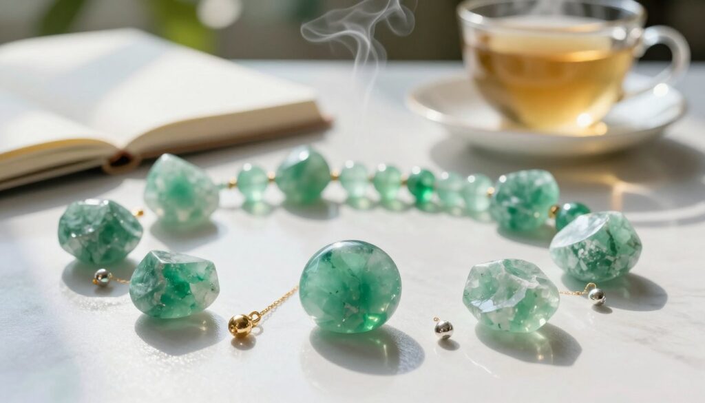 A beautifully arranged flat lay of green aventurine stones in various shapes and sizes on a sleek, reflective surface. In the foreground, a polished green aventurine crystal is surrounded by delicate gold and silver jewelry, glinting softly in the natural light. The middle of the image features a subtle arrangement of green aventurine beads, hinting at its use in everyday accessories. In the background, a softly blurred out modern workspace includes a stylish notebook and a steaming cup of herbal tea, creating a calming atmosphere. The lighting is bright yet warm, resembling early morning sun, enhancing the vibrant green hues of the aventurine. Aim for a high-end magazine advertisement aesthetic with a touch of Dreamcore, using neon color accents to draw attention. A beautifully arranged flat lay of green aventurine stones in various shapes and sizes on a sleek, reflective surface. In the foreground, a polished green aventurine crystal is surrounded by delicate gold and silver jewelry, glinting softly in the natural light. The middle of the image features a subtle arrangement of green aventurine beads, hinting at its use in everyday accessories. In the background, a softly blurred out modern workspace includes a stylish notebook and a steaming cup of herbal tea, creating a calming atmosphere. The lighting is bright yet warm, resembling early morning sun, enhancing the vibrant green hues of the aventurine. Aim for a high-end magazine advertisement aesthetic with a touch of Dreamcore, using neon color accents to draw attention.