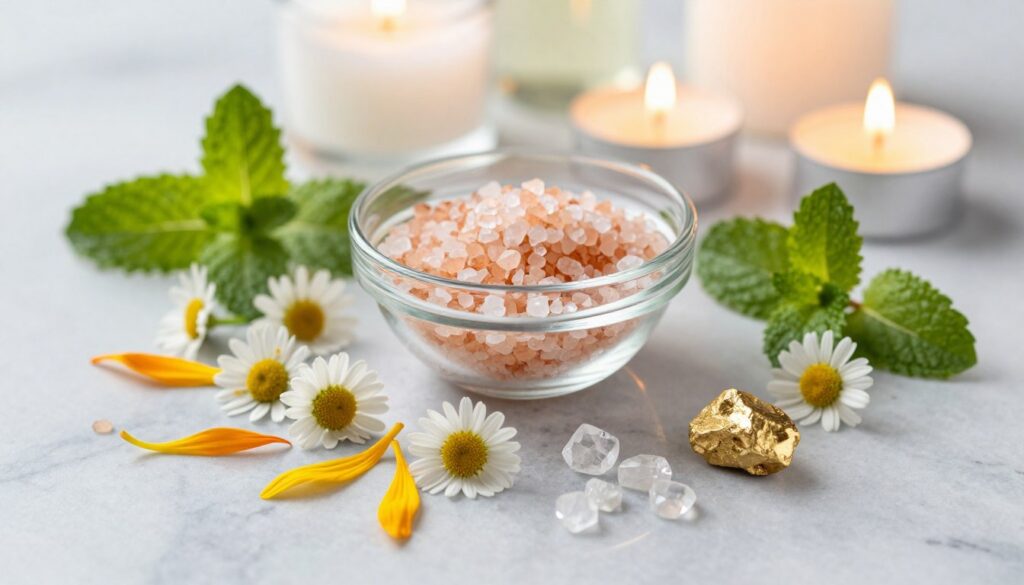 A beautifully arranged flat lay of prosperity bath ingredients, set on a polished marble surface. In the foreground, vibrant herbs and flowers such as gold petals, chamomile, and mint are artistically scattered, alongside sparkling crystals and a small nugget of gold. In the middle, a clear glass bowl holds a shimmering mix of sea salt and essential oils, reflecting light. In the background, through a softly blurred lens, gentle candles flicker, casting a warm glow. The atmosphere conveys serenity and abundance, enhanced by soft neon colors that add a dreamlike quality. The overall mood is tranquil yet inviting, perfect for a modern spirituality theme. Soft natural lighting enhances the textures and colors, creating an alluring and high-end magazine advertisement feel.