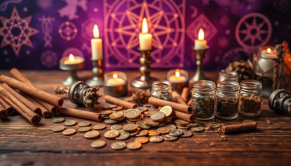 A beautifully arranged flat lay showcasing "cinnamon money spell supplies." In the foreground, a rich, textured wooden table holds an assortment of vibrant cinnamon sticks, glimmering gold coins, and small glass jars filled with herbs and oils, all artfully scattered. In the middle ground, delicate candle holders with soft, flickering flames cast gentle shadows, creating a warm, inviting atmosphere. The background features an ethereal, softly blurred depiction of mystical symbols and enchanting designs in deep purples and soft neon colors, evoking a sense of charm and magic. The lighting is warm and atmospheric, reminiscent of a high-end magazine advertisement, highlighting the textures and colors of the spell supplies. The overall mood feels whimsical yet grounded, perfect for a contemporary adult Gen Z audience. A beautifully arranged flat lay showcasing "cinnamon money spell supplies." In the foreground, a rich, textured wooden table holds an assortment of vibrant cinnamon sticks, glimmering gold coins, and small glass jars filled with herbs and oils, all artfully scattered. In the middle ground, delicate candle holders with soft, flickering flames cast gentle shadows, creating a warm, inviting atmosphere. The background features an ethereal, softly blurred depiction of mystical symbols and enchanting designs in deep purples and soft neon colors, evoking a sense of charm and magic. The lighting is warm and atmospheric, reminiscent of a high-end magazine advertisement, highlighting the textures and colors of the spell supplies. The overall mood feels whimsical yet grounded, perfect for a contemporary adult Gen Z audience.