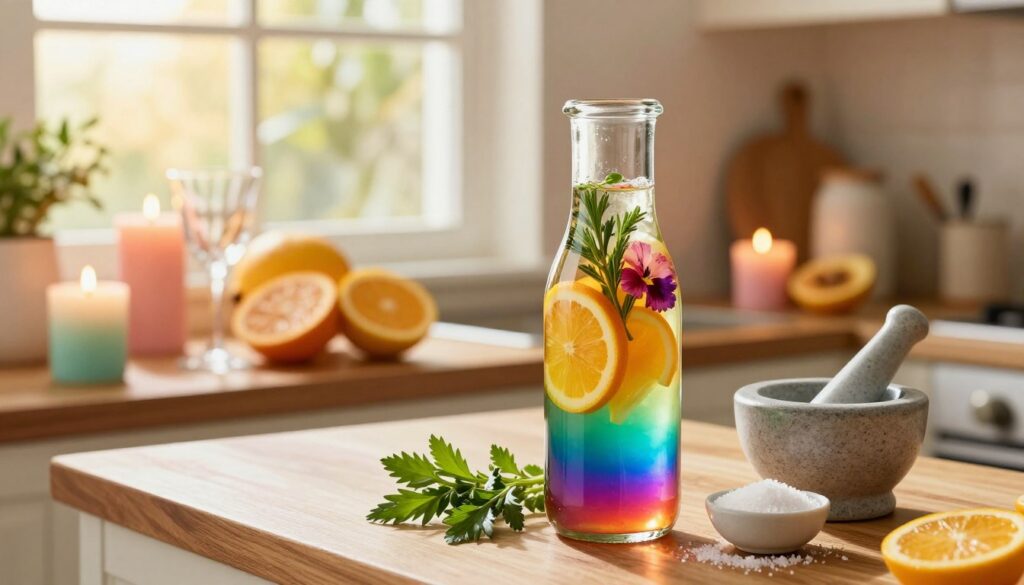A beautifully arranged kitchen scene showcasing the process of making homemade Agua Florida. In the foreground, a clear glass bottle filled with vibrant, jewel-toned liquids, featuring layers of citrus slices, herbs, and colorful flowers, reflecting a rainbow of hues. A mortar and pestle sit beside fresh herbs and a small bowl of coarse salt, symbolizing the ritualistic aspect of creating this aromatic blend. In the middle, a wooden countertop adorned with bright tropical fruits, delicate glassware, and lit candles in soft pastel colors. The background features a sunlit window, casting warm, golden light across the scene, enhancing the inviting atmosphere. The overall mood is serene and magical, ideal for a high-end magazine advertisement.