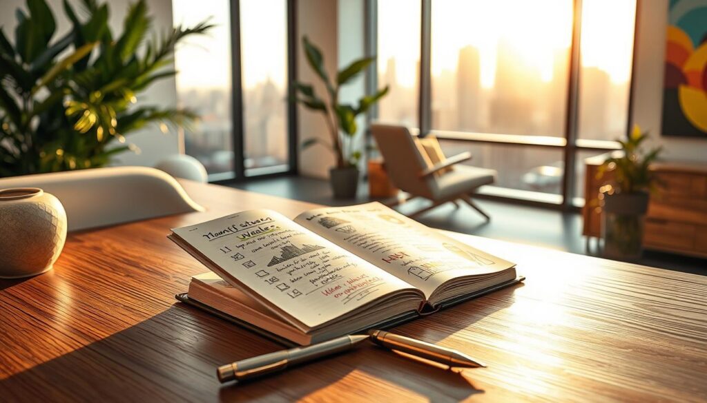 A beautifully arranged manifestation journal open on an elegant wooden desk, filled with colorful, handwritten notes and sketches symbolizing wealth and success. Delicate gold and silver pens lay nearby, accentuating the luxurious feel. In the background, a soft-focus view of a modern minimalist office space, with large windows revealing a bright city skyline bathed in warm sunlight, creating an inspiring atmosphere. Rich emerald green plants add a touch of nature, while abstract art in vibrant neon colors adorns the walls. The overall mood is one of positivity and aspiration, emphasizing self-growth. The lighting is bright and inviting, enhancing the richness of colors while capturing the essence of ambition and luxury, reminiscent of a high-end magazine advertisement.