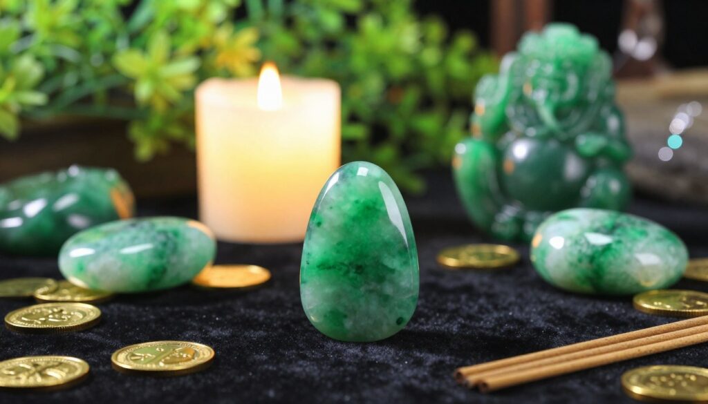 A beautifully arranged scene featuring various jade stones symbolizing wealth and good fortune. In the foreground, a polished jade crystal sits atop an elegant black velvet cloth, surrounded by gold coins and delicate incense sticks. The middle ground displays a soft, glowing candle casting warm light that creates gentle reflections on the jade's surface. In the background, a softly blurred collection of lush green plants and shimmering water features helps to evoke a sense of tranquility and abundance. The lighting is warm and inviting, with a slightly dreamy atmosphere, accentuating the jade's rich green hues. The overall composition should feel prosperous and serene, inviting the viewer to experience the benefits of jade stones for luck and wealth.