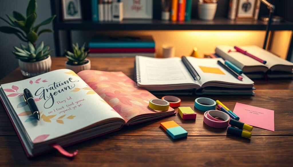 A beautifully arranged scene of gratitude journal supplies on a stylish wooden desk. In the foreground, a vibrant, opened gratitude journal with colorful pages, an elegant fountain pen resting beside it, and a small succulent plant to add a touch of life. The middle layer features neatly organized supplies: assorted washi tapes in neon colors, a set of colorful gel pens, and inspirational sticky notes scattered artfully around. In the background, a softly lit shelf displays more journals and decorative items, creating a warm ambiance. The lighting is soft and inviting, with a slight glow highlighting the supplies. The overall mood is uplifting and creative, aimed at adult Gen Z, emphasizing a high-end magazine advertisement feel, inviting readers to connect with their gratitude practice in style. A beautifully arranged scene of gratitude journal supplies on a stylish wooden desk. In the foreground, a vibrant, opened gratitude journal with colorful pages, an elegant fountain pen resting beside it, and a small succulent plant to add a touch of life. The middle layer features neatly organized supplies: assorted washi tapes in neon colors, a set of colorful gel pens, and inspirational sticky notes scattered artfully around. In the background, a softly lit shelf displays more journals and decorative items, creating a warm ambiance. The lighting is soft and inviting, with a slight glow highlighting the supplies. The overall mood is uplifting and creative, aimed at adult Gen Z, emphasizing a high-end magazine advertisement feel, inviting readers to connect with their gratitude practice in style.