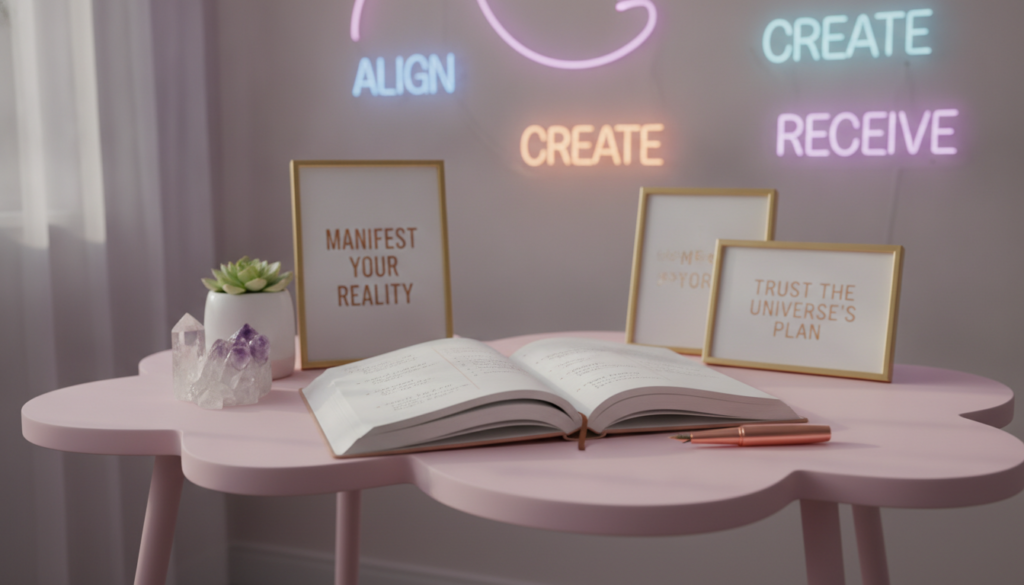 A beautifully arranged scripting manifestation journal in a cozy, inviting workspace. The foreground features an open journal with elegant, handwritten entries filled with inspirational messages and goals, accompanied by a stylish fountain pen. Delicate crystals and a small potted plant are placed beside the journal, adding a touch of tranquility. In the middle ground, a soft, pastel-colored desk with a dreamy, ethereal quality is adorned with motivational quotes framed in artistic designs. The background consists of softly glowing neon-lit wall art that resonates with the theme of manifestation, casting a warm, inviting glow throughout the scene. The lighting is soft and diffused, creating a serene and focused atmosphere, perfect for journaling. The overall aesthetic embodies a high-end magazine advertisement feel, appealing to an adult Gen Z audience. A beautifully arranged scripting manifestation journal in a cozy, inviting workspace. The foreground features an open journal with elegant, handwritten entries filled with inspirational messages and goals, accompanied by a stylish fountain pen. Delicate crystals and a small potted plant are placed beside the journal, adding a touch of tranquility. In the middle ground, a soft, pastel-colored desk with a dreamy, ethereal quality is adorned with motivational quotes framed in artistic designs. The background consists of softly glowing neon-lit wall art that resonates with the theme of manifestation, casting a warm, inviting glow throughout the scene. The lighting is soft and diffused, creating a serene and focused atmosphere, perfect for journaling. The overall aesthetic embodies a high-end magazine advertisement feel, appealing to an adult Gen Z audience.